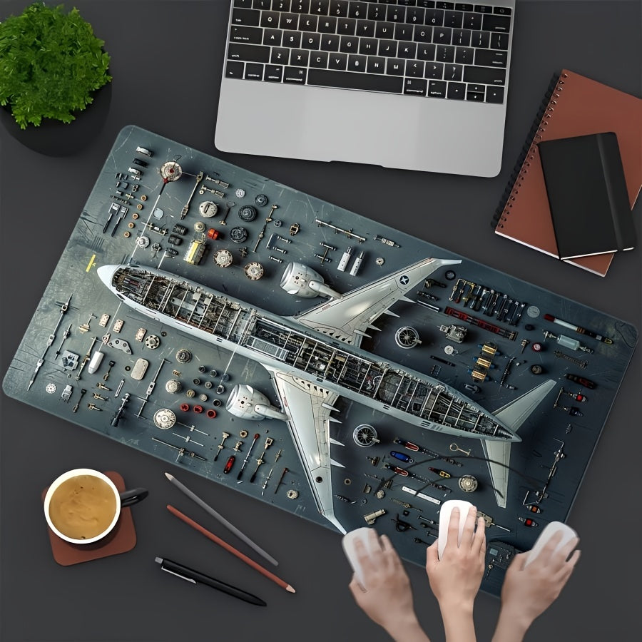 Oversized airplane blueprint design mouse pad with stitched edges and non-slip base. Durable rubber material with special non-slip feature.