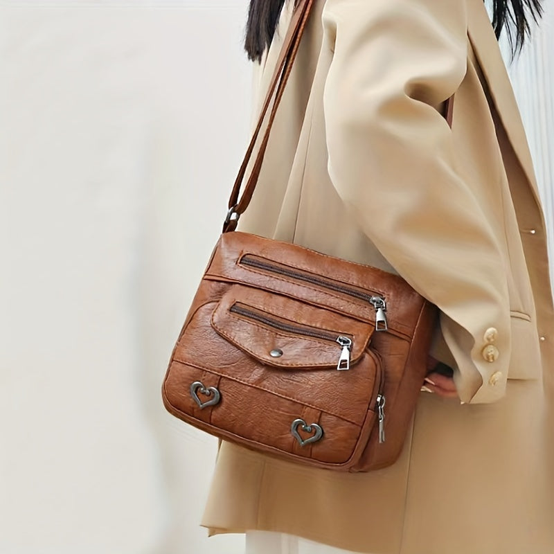 Brown Crossbody Bag with Adjustable Strap, Multiple Compartments, Heart Studs - Lightweight and Versatile