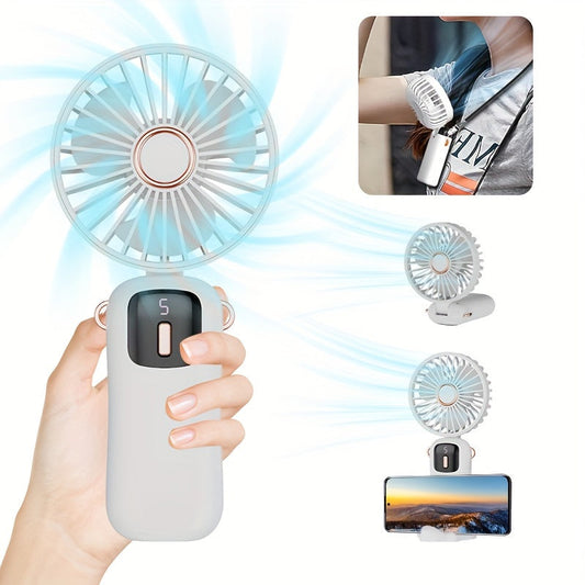 1 Piece of Portable Handheld Fan with LED Display, Foldable 90° Table Fan, 5 Speeds, Rechargeable Lithium Battery, USB Charging, Suitable for Indoor and Outdoor Use.