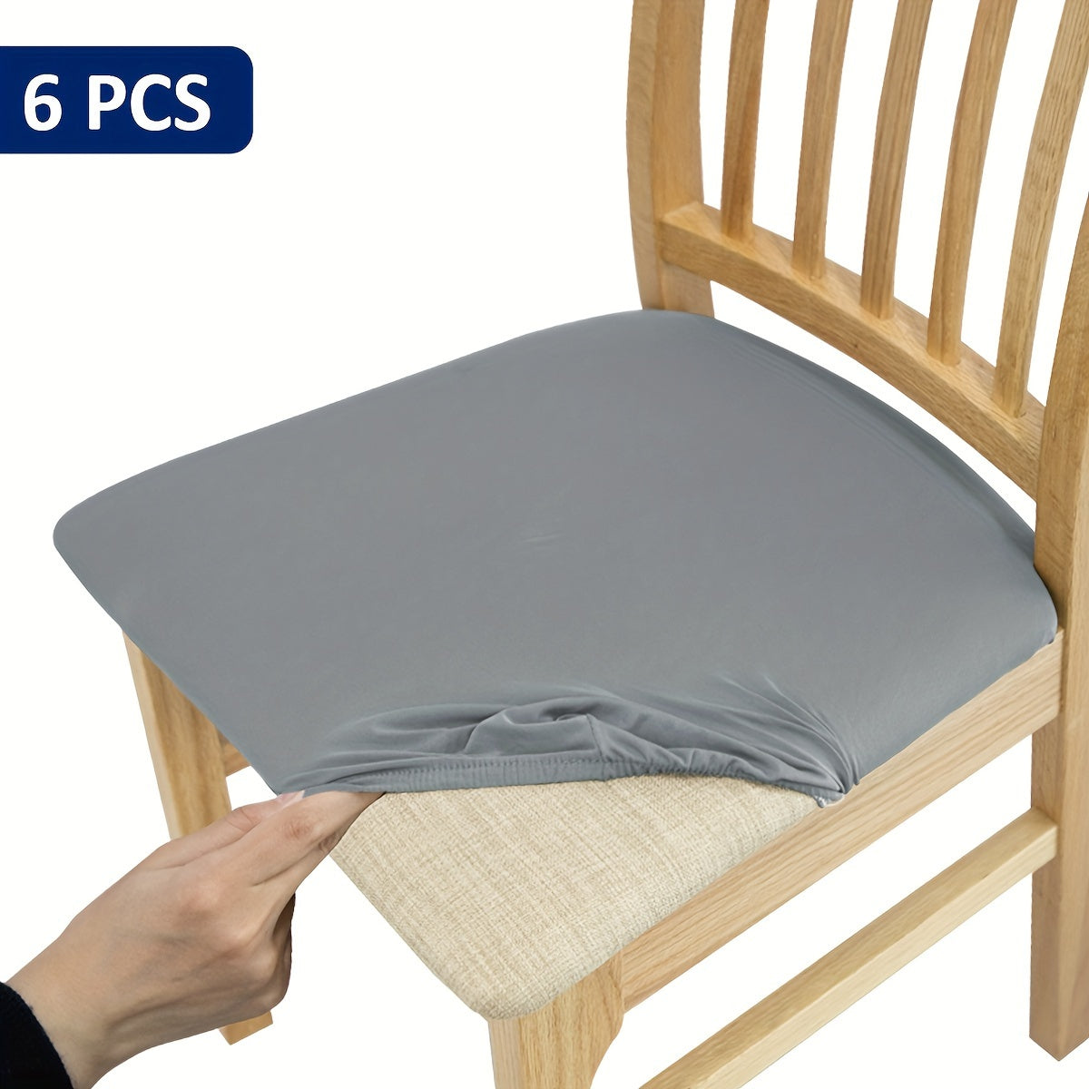 4/6 piece elastic chair cushion cover in various solid colors. Easy to install and ideal for protecting furniture in living rooms, kitchens, and restaurants.