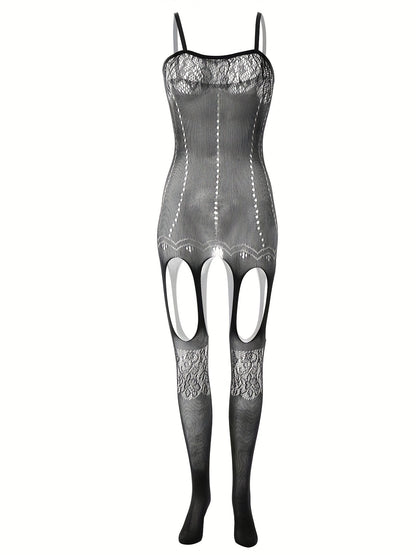 Set of 4 sexy fishnet bodystockings with open crotch and jacquard design for women's lingerie.