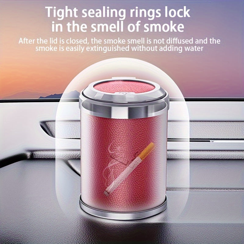 Car Ashtray with PU leather, anti-flying ash design, LED automatic lighting, replaceable battery, premium feel. Ideal for preventing ash from falling and organizing car interior