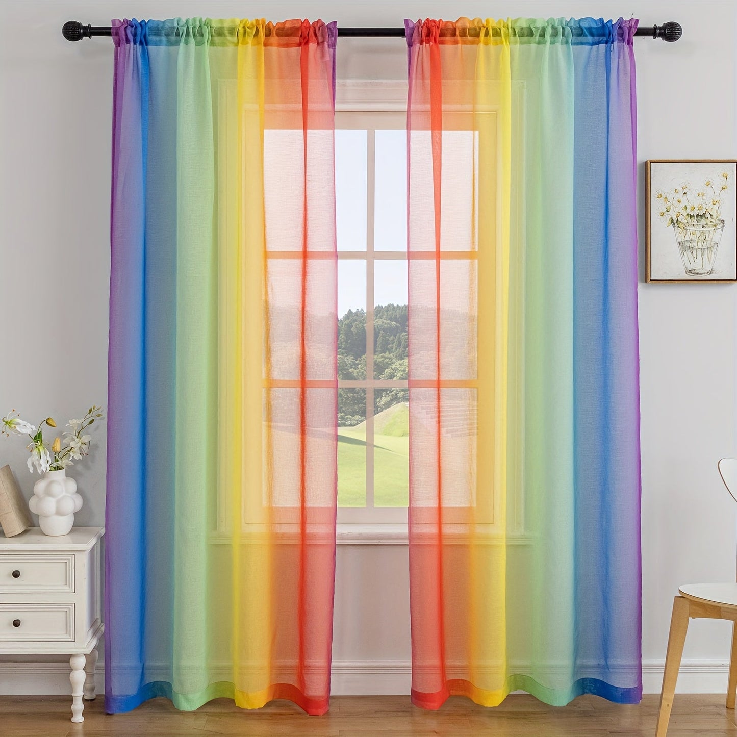 Set of 2 Modern Rainbow Stripe Sheer Curtains made of 100% Polyester, with Rod Pocket design for easy hanging in Living Room, Bedroom, or Office. These Decorative Unlined Panels can be Hand Washed and are suitable for all seasons. Enjoy the Transparent