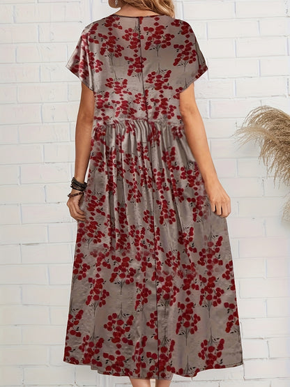 Polyester A-Line midi dress with floral print and drop shoulder sleeves, ideal for spring/summer/fall.