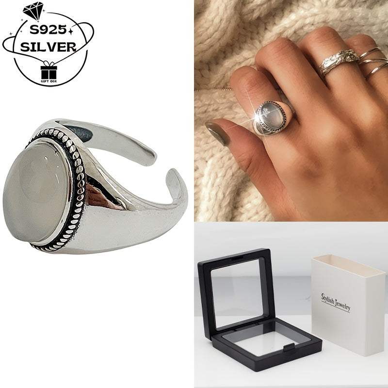 1 piece of 925 silver agate luxury simple women's open adjustable ring, weighing approximately 4.1g. Suitable for daily wear, parties, banquets, and as a gift. Comes with a gift box.