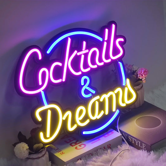 1pc NEON FINE NF "Cocktails & Dreams" LED Neon Sign - Vibrant Blue, USB Powered Wall Art for Bars, Hotels, Pubs, Bedrooms, Cafes - Ideal for Wedding, Birthday Party Decor, 44*36cm, Pub Art Piece. Vibrant Wall Art with USB Powered Sign.