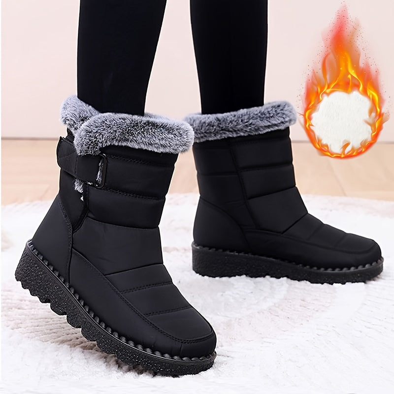 Women's cozy winter snow boots with warm fleece lining, waterproof features, thick traction sole, non-slip, black color. Ideal for outdoor adventures.