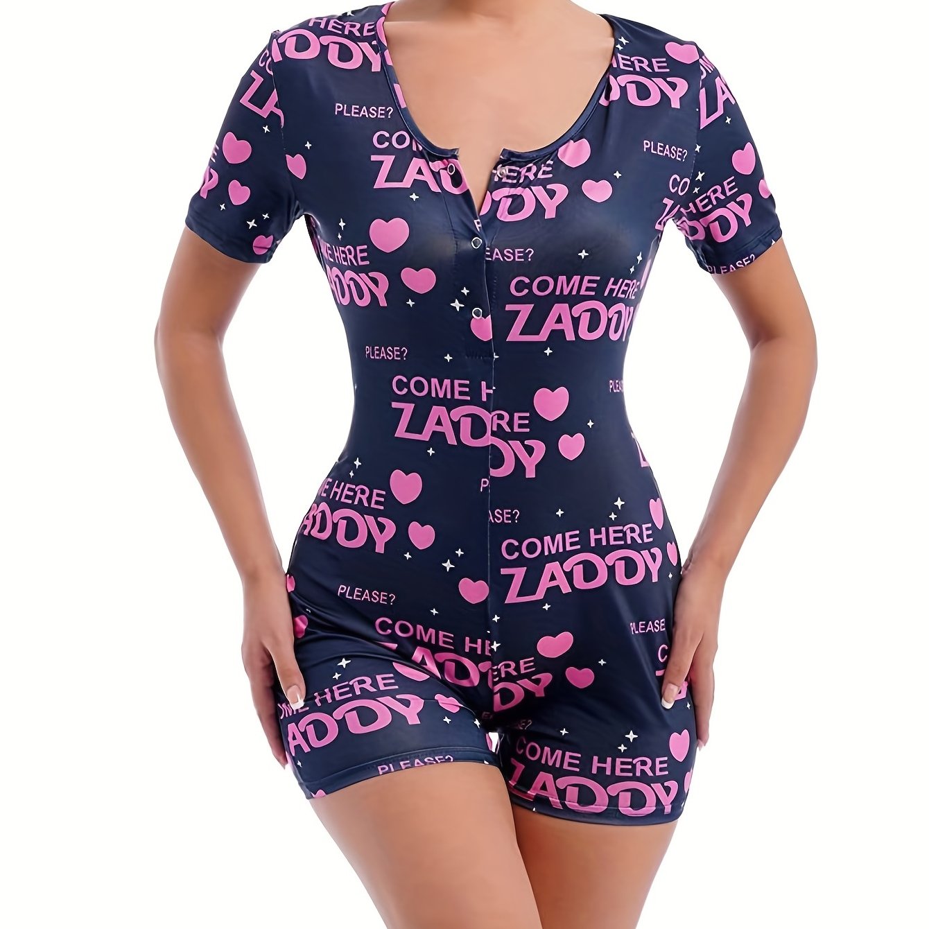 Stylish navy blue bodysuit with "Lady" print - short sleeves, round neck with button detail, stretchy polyester blend for comfortable loungewear.