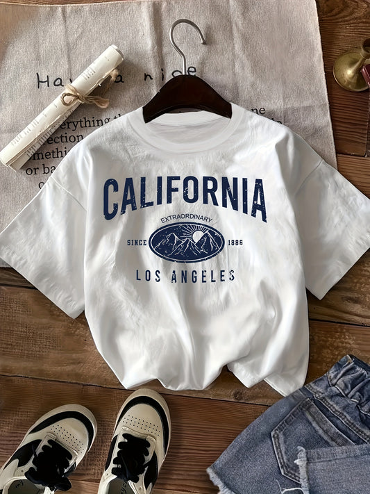 California Print T-shirt, Short Sleeve Crew Neck Casual Top for Women, Perfect for Summer and Spring