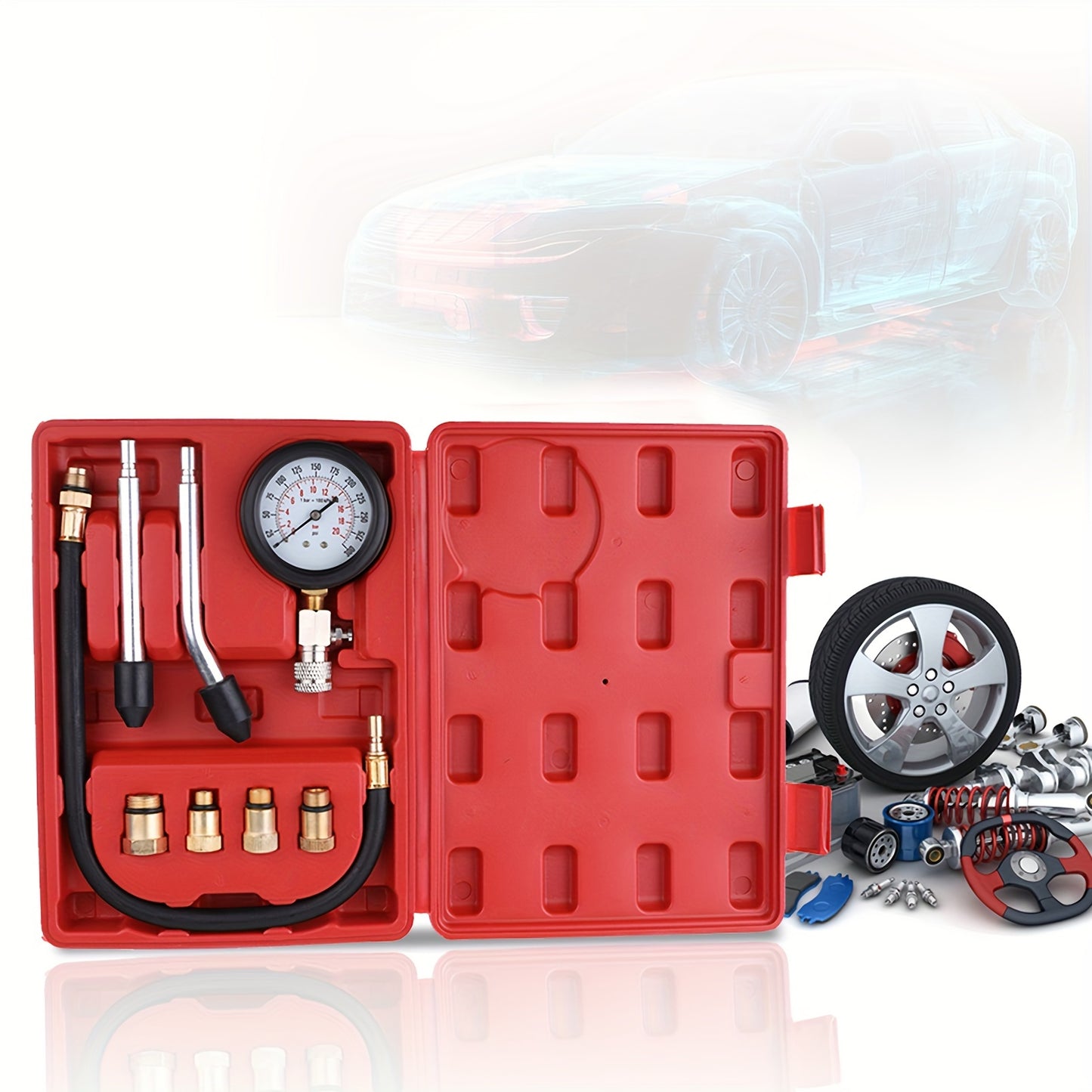 Aluminum alloy compression tester kit with adapters and 0-300PSI gauge for automotive diagnostic testing.