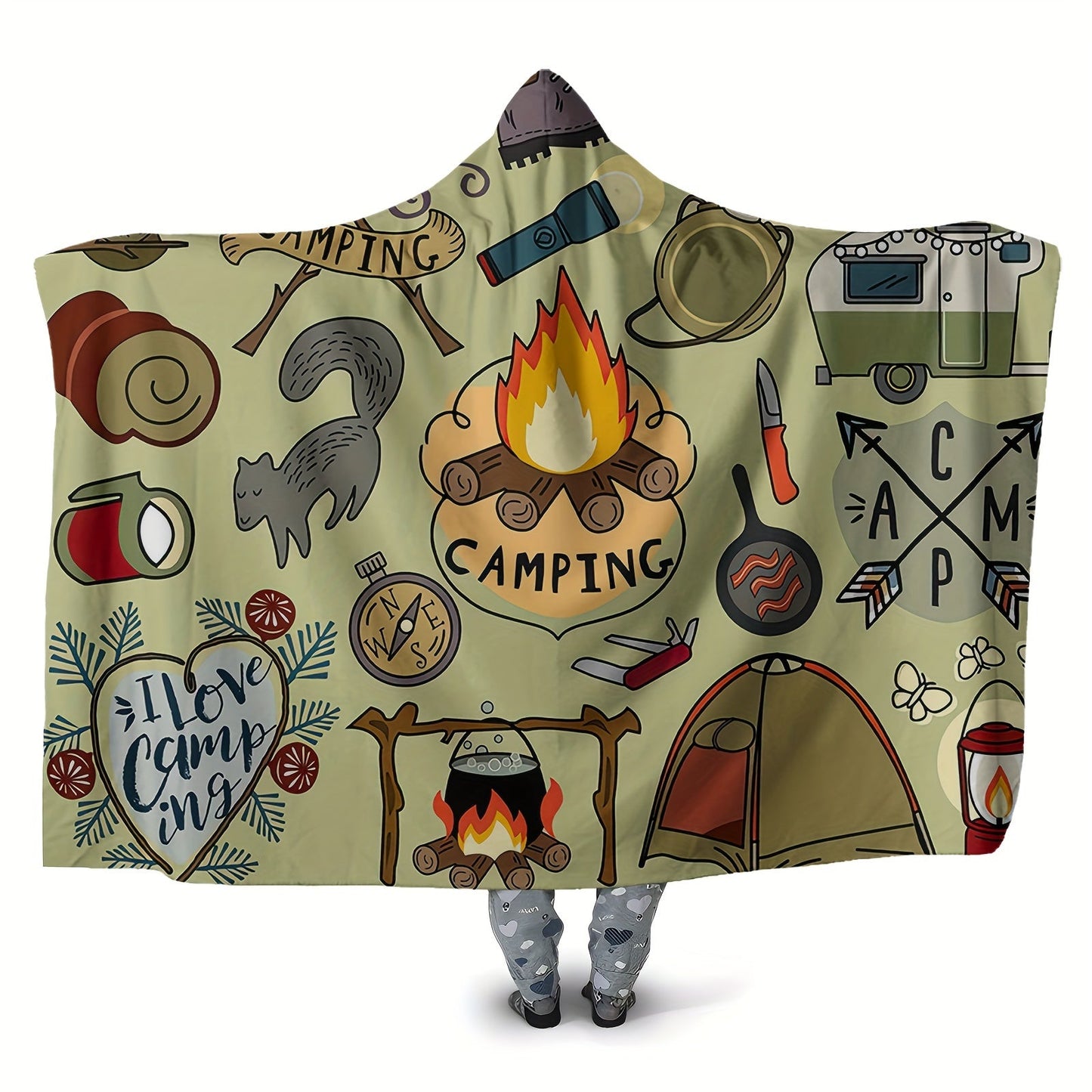 Stay warm and cozy with this versatile Camping Hooded Blanket. Perfect for those chilly nights by the fire or even just lounging on the sofa. This thick, soft blanket is ideal for camping, traveling, or simply nap time. Transform it into a magical cape