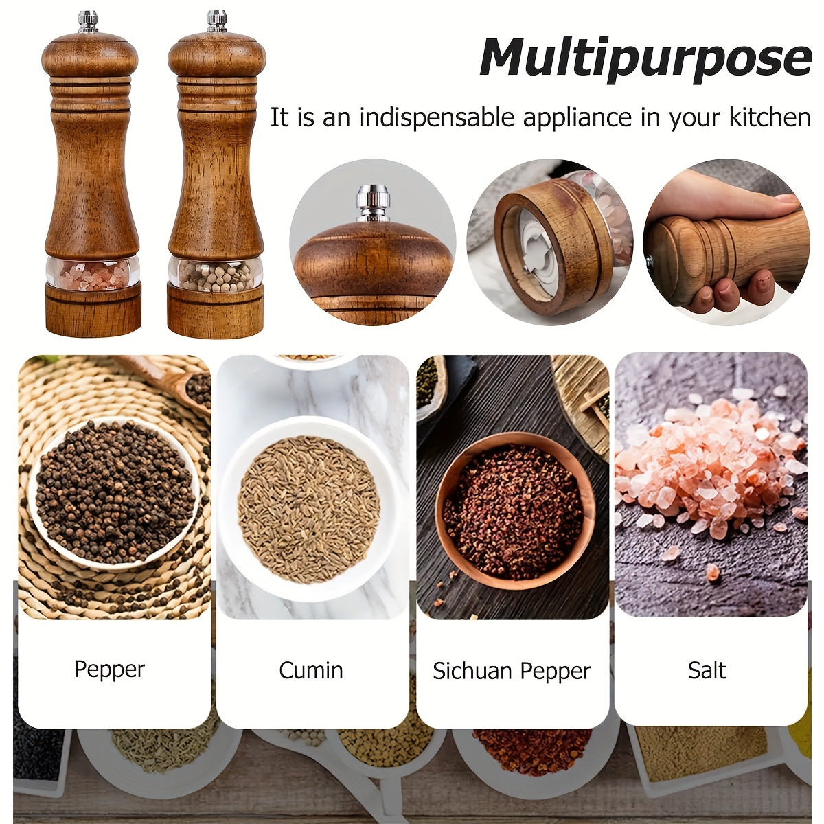 Best Seller: Set of 2 Adjustable Wooden Pepper & Sea Salt Grinders - Manual Spice Mills with Ceramic Core, Ideal for BBQs, Picnics, and Camping - Long-lasting Kitchen Tools, Excellent Valentine's Day Present, Spice Grinder, Refillable Spice Jar, Stylish