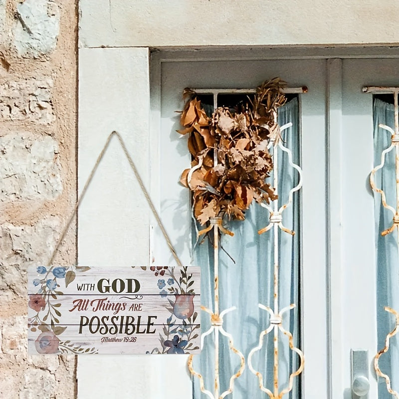 Rustic wooden sign with inspirational quote "With God All Things Are Possible" - 19.99x9.98 cm. Farmhouse wall decor for home, cafe, garage, restaurant. Suitable for indoor and outdoor use.