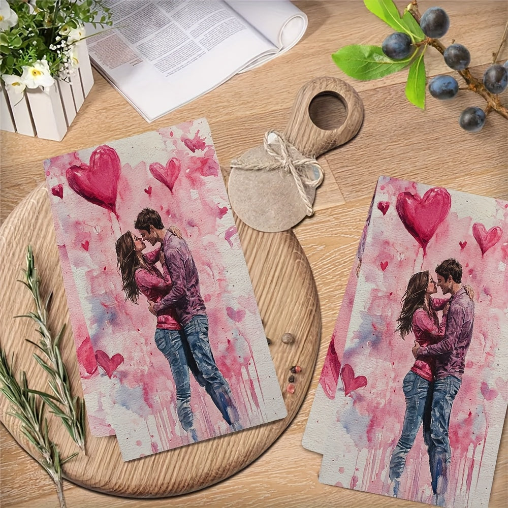 Set of 2 Valentine's Day Kitchen Towels for Lovers, Modern Coastal Design, Highly Absorbent Polyester Fabric, Easy to Clean in Washing Machine, Size 16x24 inches, Stylish Hand Towels for Holiday Decoration - SKU 2KYSYS1217571, Dish Towels Included