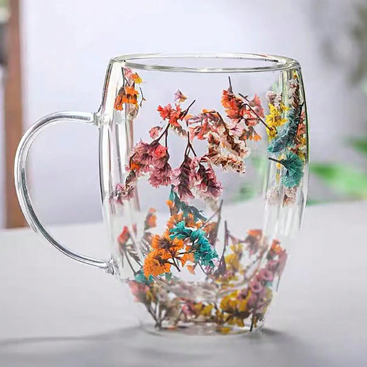 Glass coffee mug with dried flowers, double-walled espresso cups for hot drinks, perfect for all seasons, ideal for birthdays.