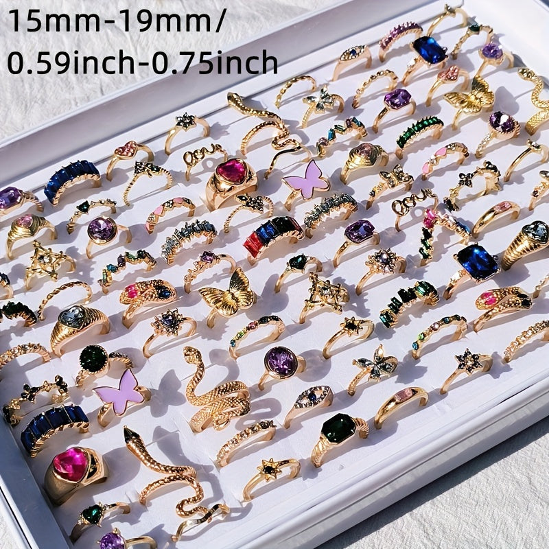 Lot of 20 fashionable colorful crystal zircon rings featuring rhinestone butterfly and snake designs, perfect for stylish finger jewelry.