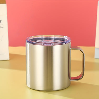 Stainless steel 14oz coffee mug with lid, double-walled vacuum insulation, ideal for hot or cold drinks.