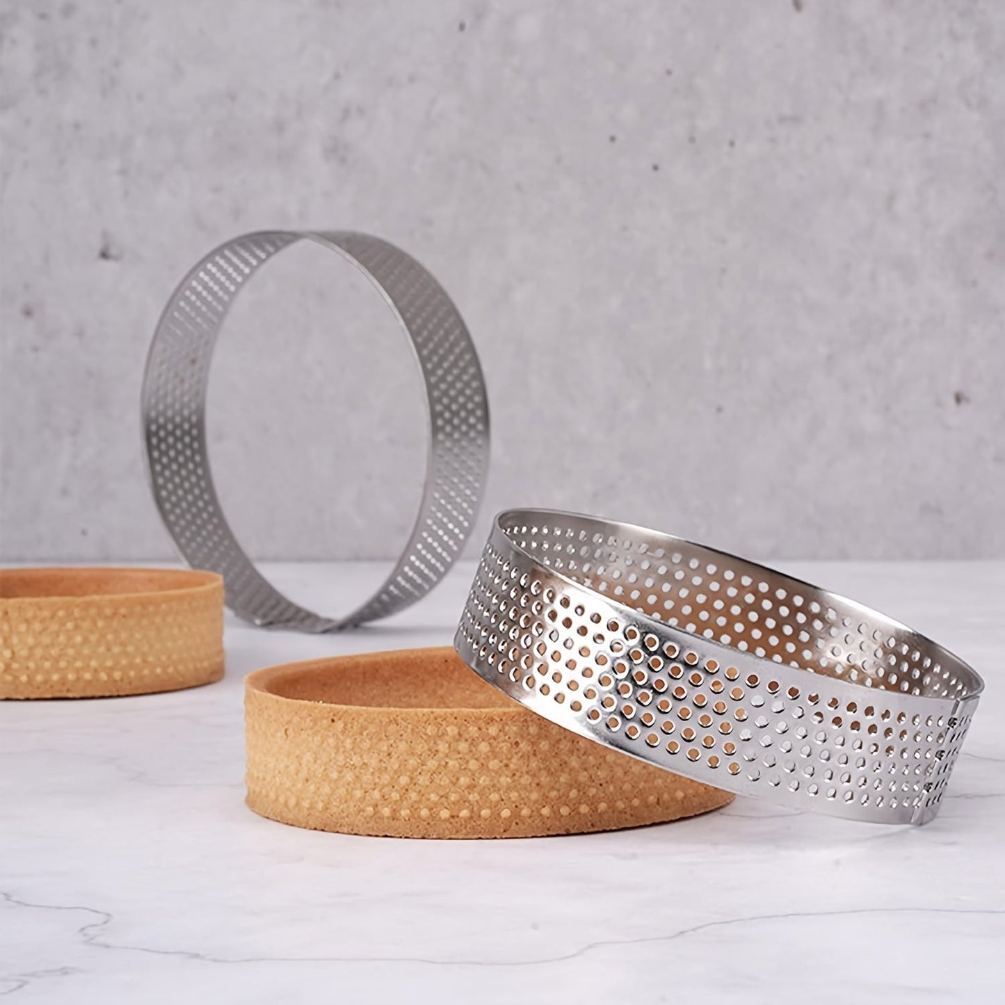 Set of 2, 4, 6, or 12 Stainless Steel Round Tart Rings with Perforated Design for Baking Cheesecake, Cookies, and Pastries during the Christmas Holiday Season