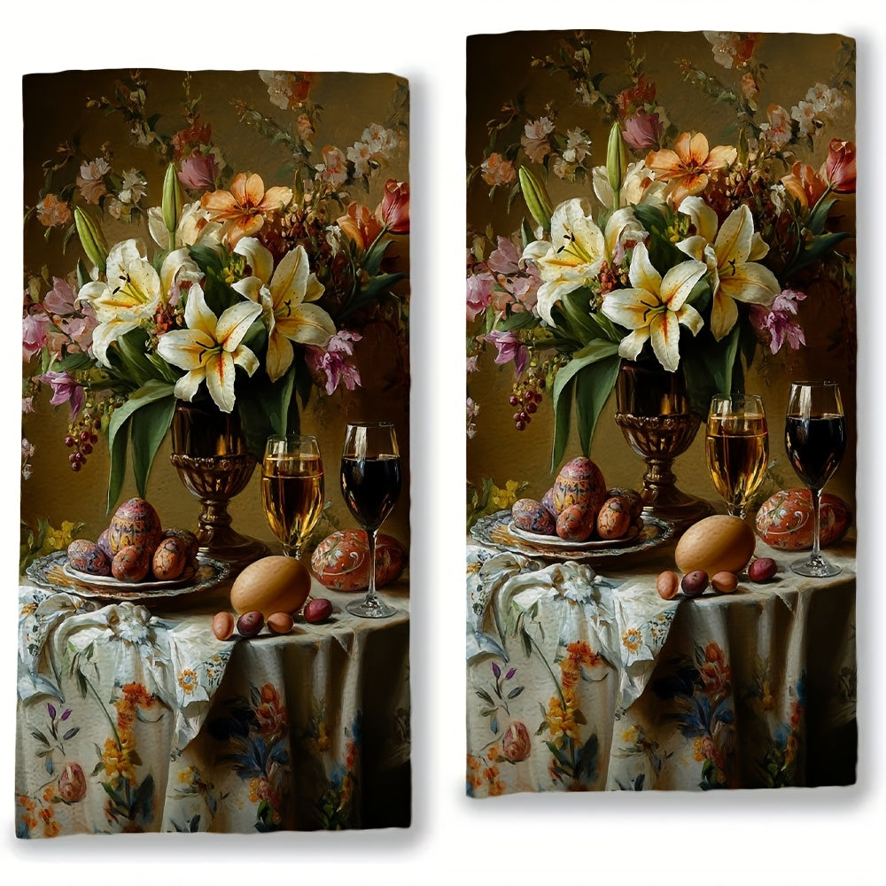 Set of 2 Ultra Soft Kitchen Towels featuring a beautiful Easter table centerpiece of lilies and tulips in an oil painting style. These highly absorbent dish hand towels are perfect for holiday decor. Machine washable and measuring 16x24 inches. Item