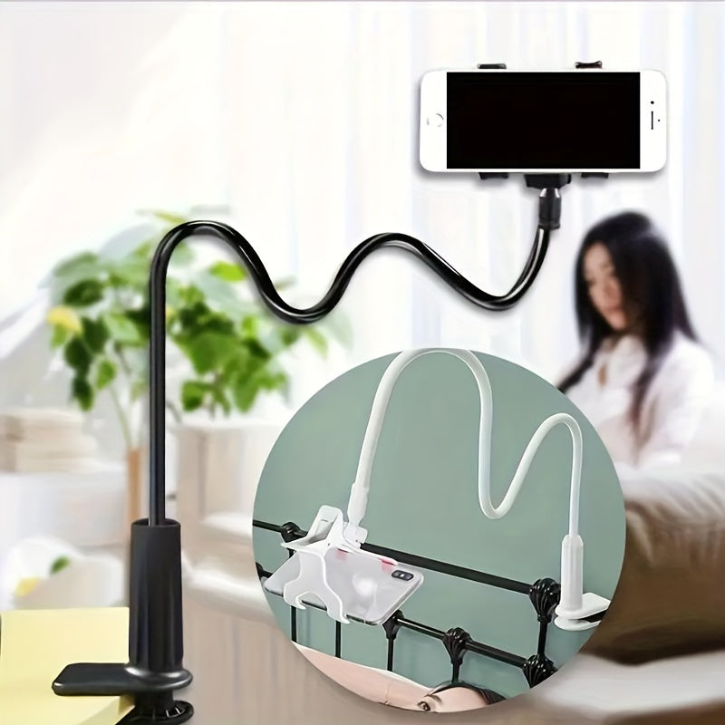 Adjustable gooseneck phone stand with 360° rotation, flexible long arm clamp for bed or desk, fits smartphones up to 13.97cm. Waterproof PVC material with easy one-hand installation.