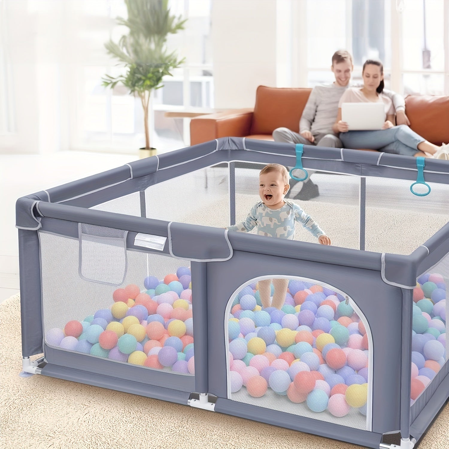 Secure indoor and outdoor play area with gate and non-slip base, durable and safe playpen featuring soft, breathable mesh.