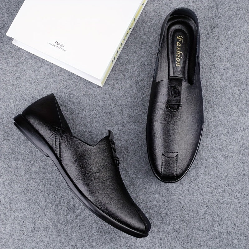 Sleek black slip-on shoes for men, breathable and fashionable with a durable sole.