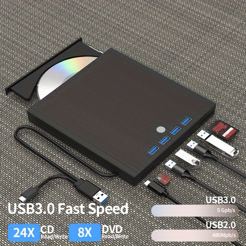 Compact portable DVD/CD drive with USB 3.0 & USB-C compatibility. Burn and play CDs/DVDs with ease on laptops, desktops, and all-in-one computers. Stylish black design for seamless media