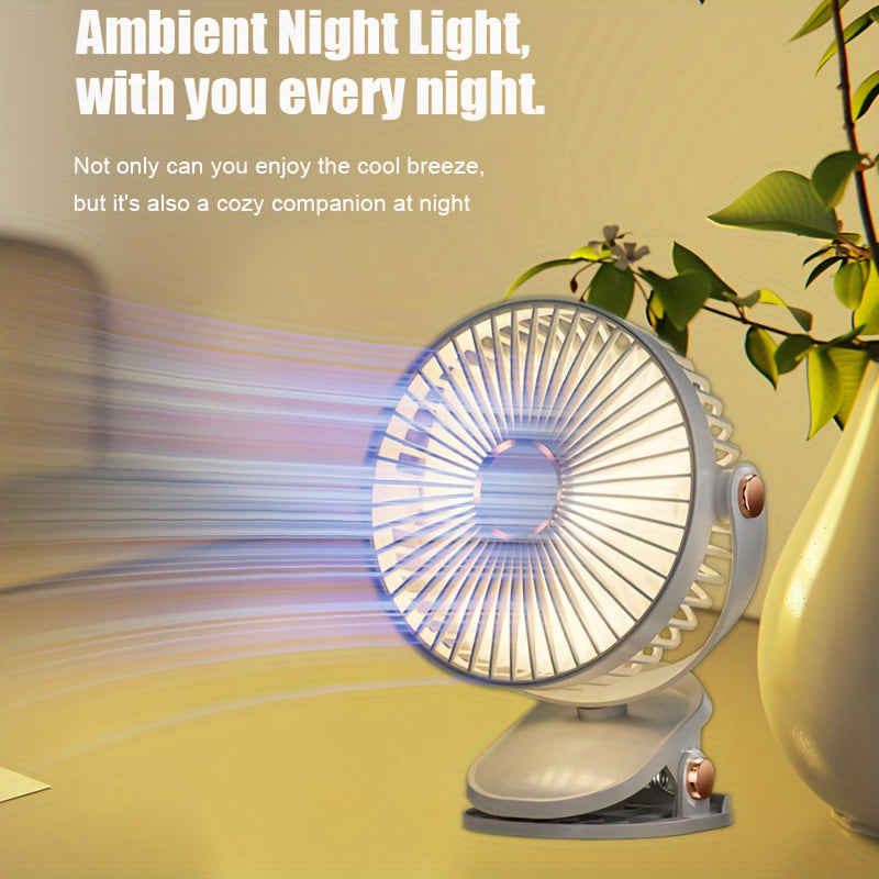 Portable silent desktop fan featuring powerful wind, energy-efficient biomimetic fan blades, five-speed wind adjustment, built-in battery with long-lasting USB charging, 720-degree adjustable air supply, and a 6-inch extra-large air outlet.