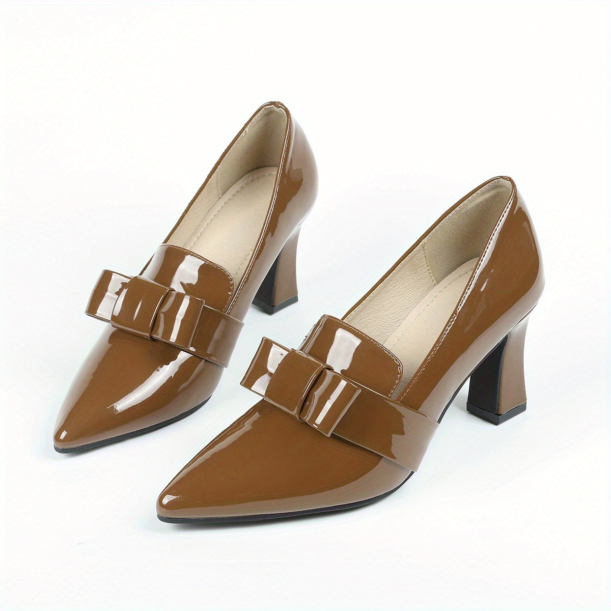 Women's elegant solid color pumps with bowknot design, block heel and waterproof features.