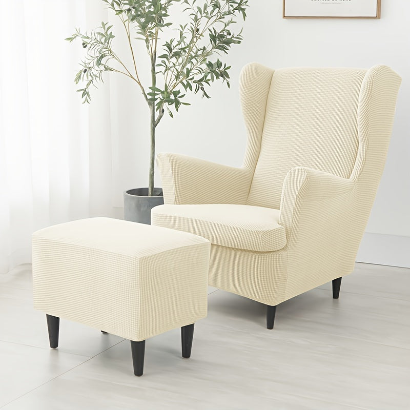 Set of 3 elastic plush wingback chair covers for living room, office, or home decor - includes 2 chair slipcovers and 1 stool/footrest cover.