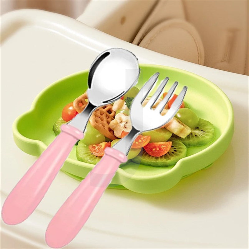 1-Piece Stainless Steel Utensil Set with Easy-Grip Handle for Ages 0-3. Includes Fork & Spoon in Storage Box. Wooden Material-Free, Electricity-Free. Color: Blue.