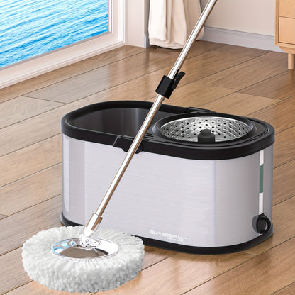 The Stainless Steel Spin Mop and Bucket Set includes 2/4/6 reusable pads for hands-free washing. This dual-use set is perfect for wet and dry floors, making it ideal for home, kitchen, and bathroom cleaning. The stainless steel design ensures durability