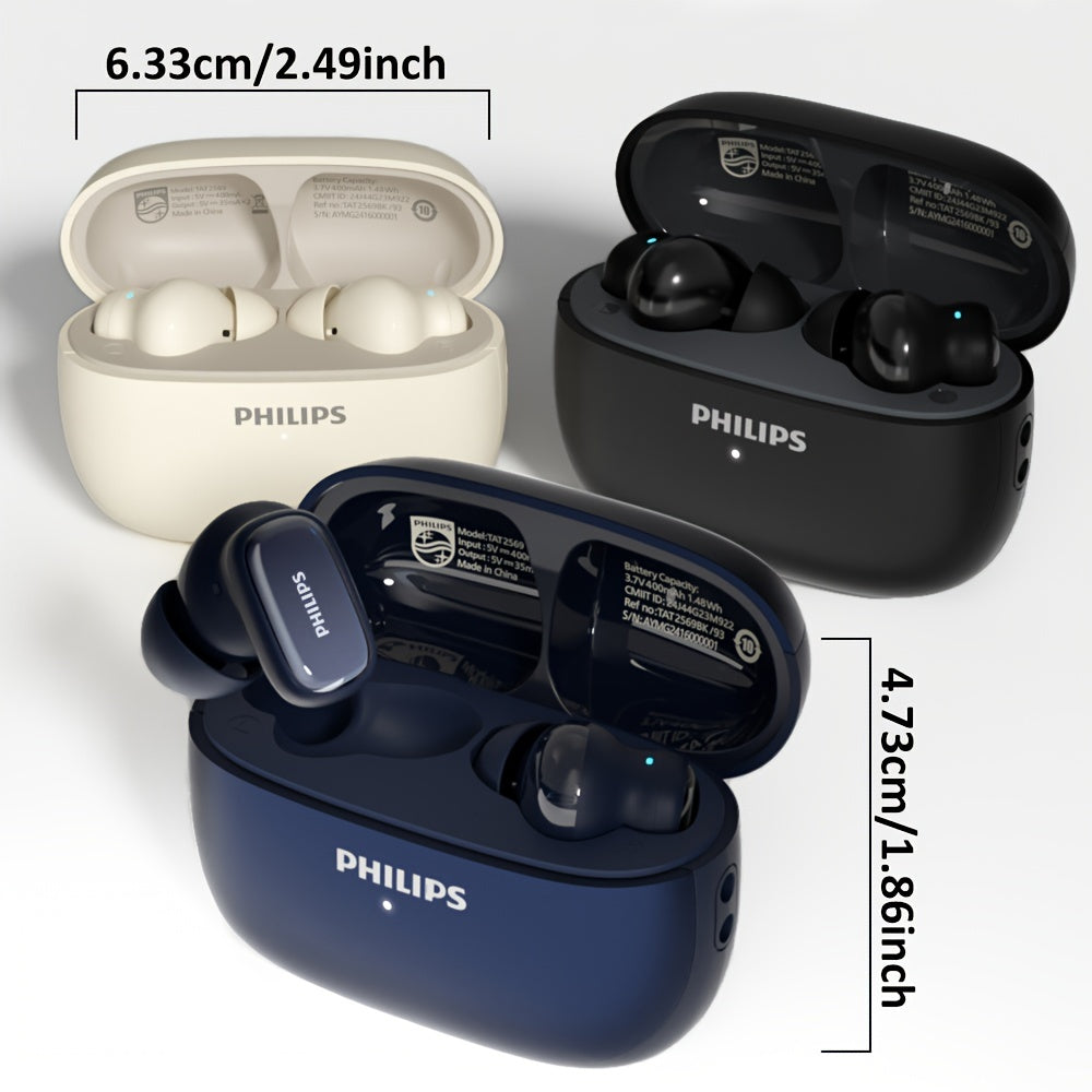 Новые беспроводные наушники Philips TAT2569 с активным шумоподавлением, двойным нажатием для регулировки на левом ухе и двумя HD-микрофонами для звонков. Идеально подходят для спорта.