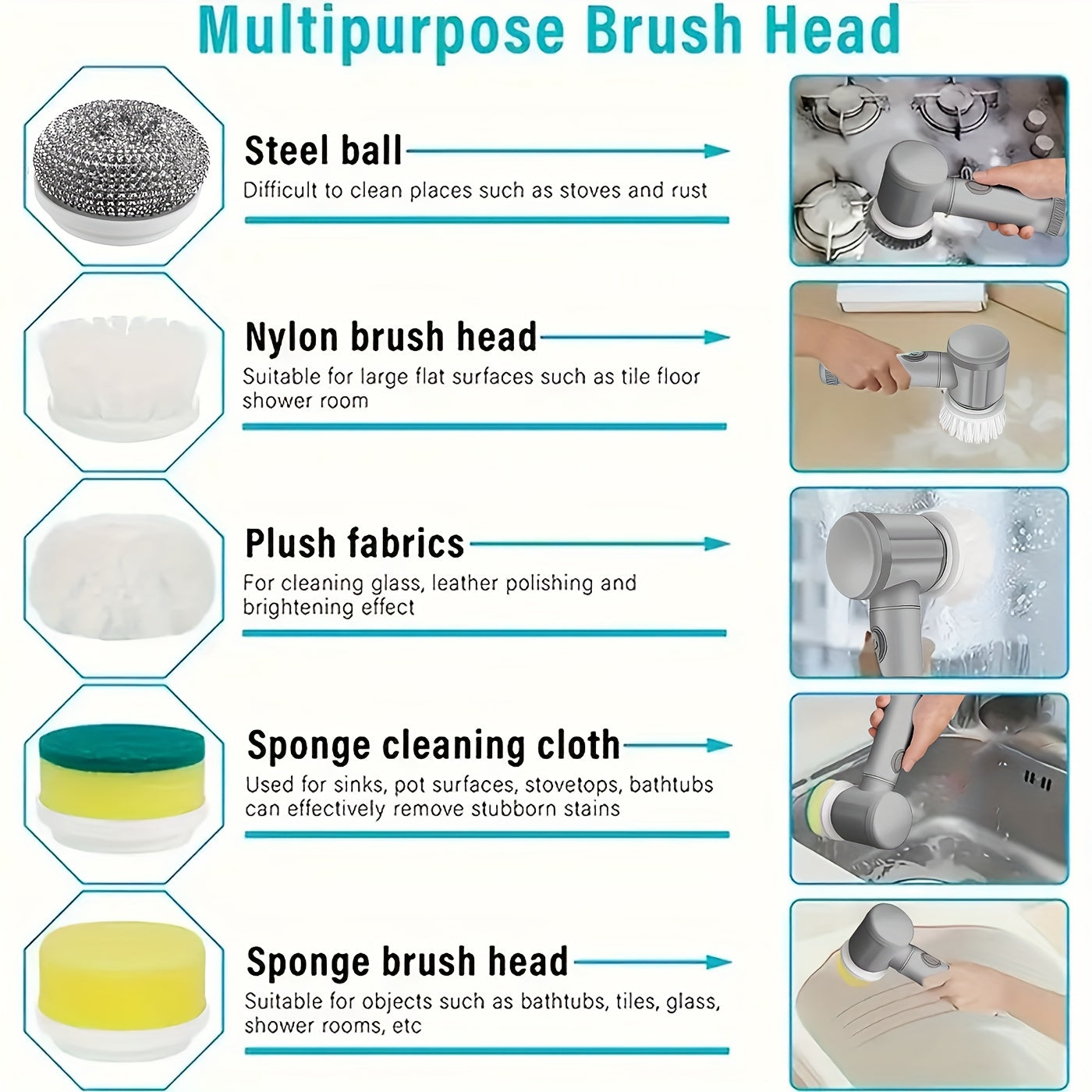 5 to 10 pieces of replacement brush heads are available as accessories for electric rotating cleaning brushes. These rechargeable electric cleaners replacement heads are suitable for bathtubs, floors, walls, tiles, bathrooms, windows, and sinks.