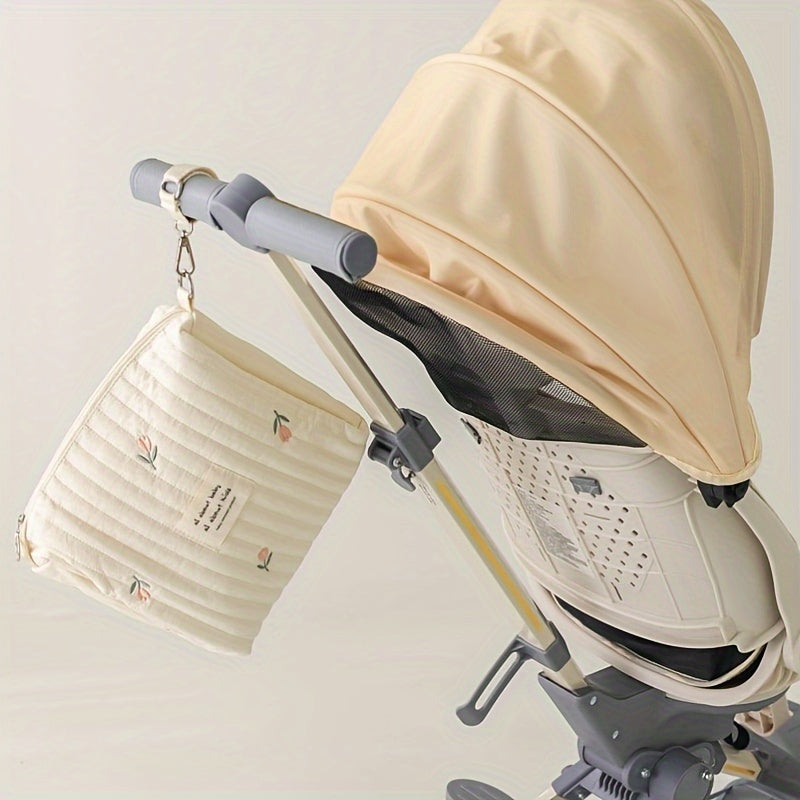 Embroidered Cotton Mommy Bag with Zipper Closure for Stroller Hanging, suitable for Diaper Bag use.