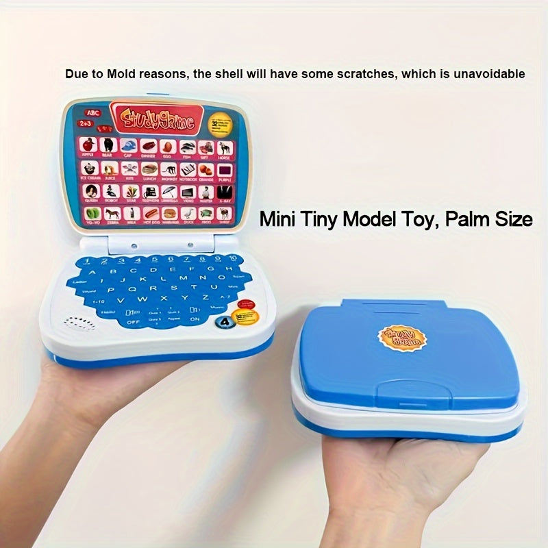 Mini laptop toy for kids - Educational and entertaining puzzle pad, easily portable, battery-free, available in pink or blue.