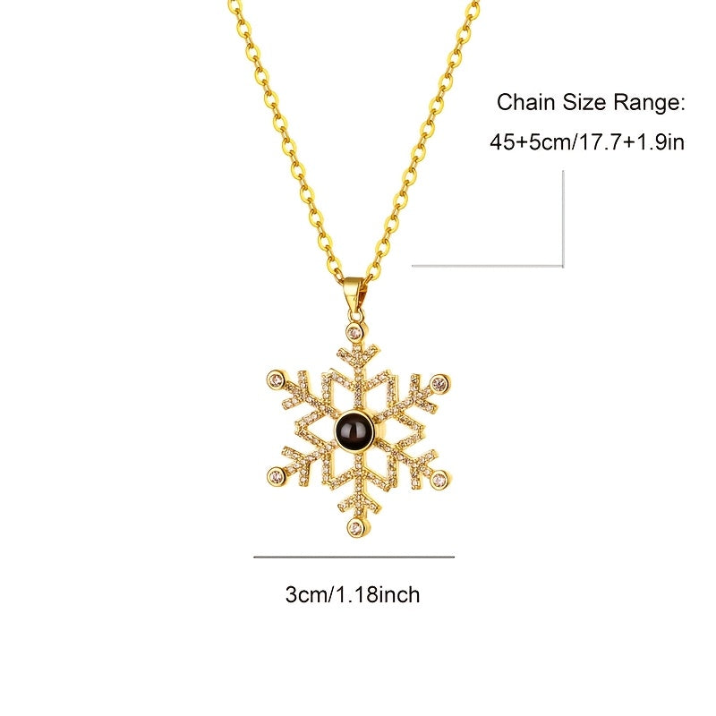 Elegant Snowflake Design 18K Golden Plated Stainless Steel Photo Pendant Necklace, Personalized Christmas Ornament, Perfect for Any Occasion and Gift-Giving