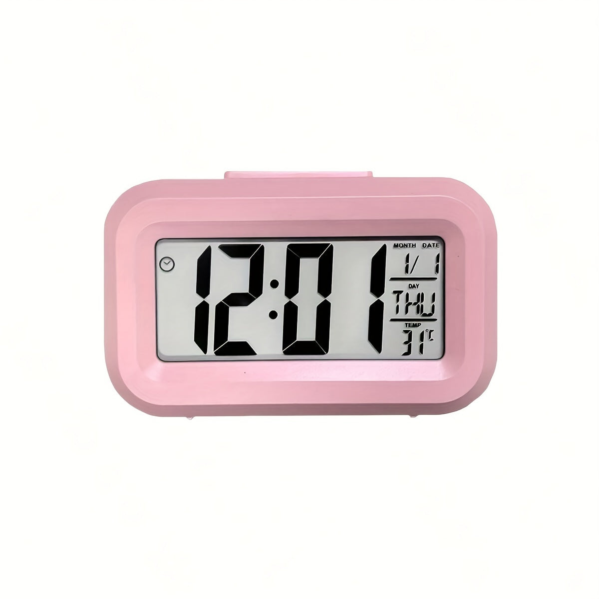 Compact pink mini LED desk clock with backlight, temperature, and calendar. Multifunctional kitchen timer for students. Sleek rectangular design with digital display. Battery-powered (AAA). Minimalist aesthetic.