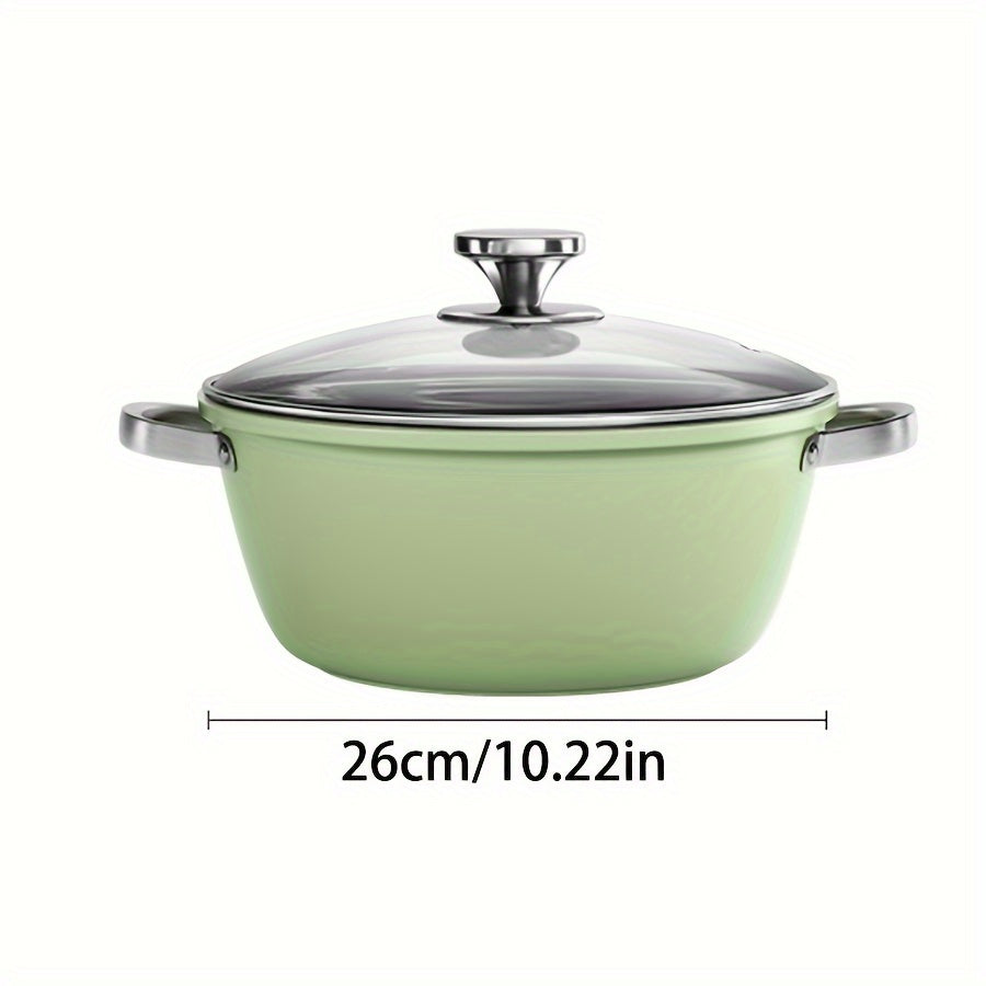 Hand wash only, this cast iron skillet comes with a lid. The ceramic avocado green soup pot is dual-sided, suitable for both gas and induction stovetops, and features cast iron handles.