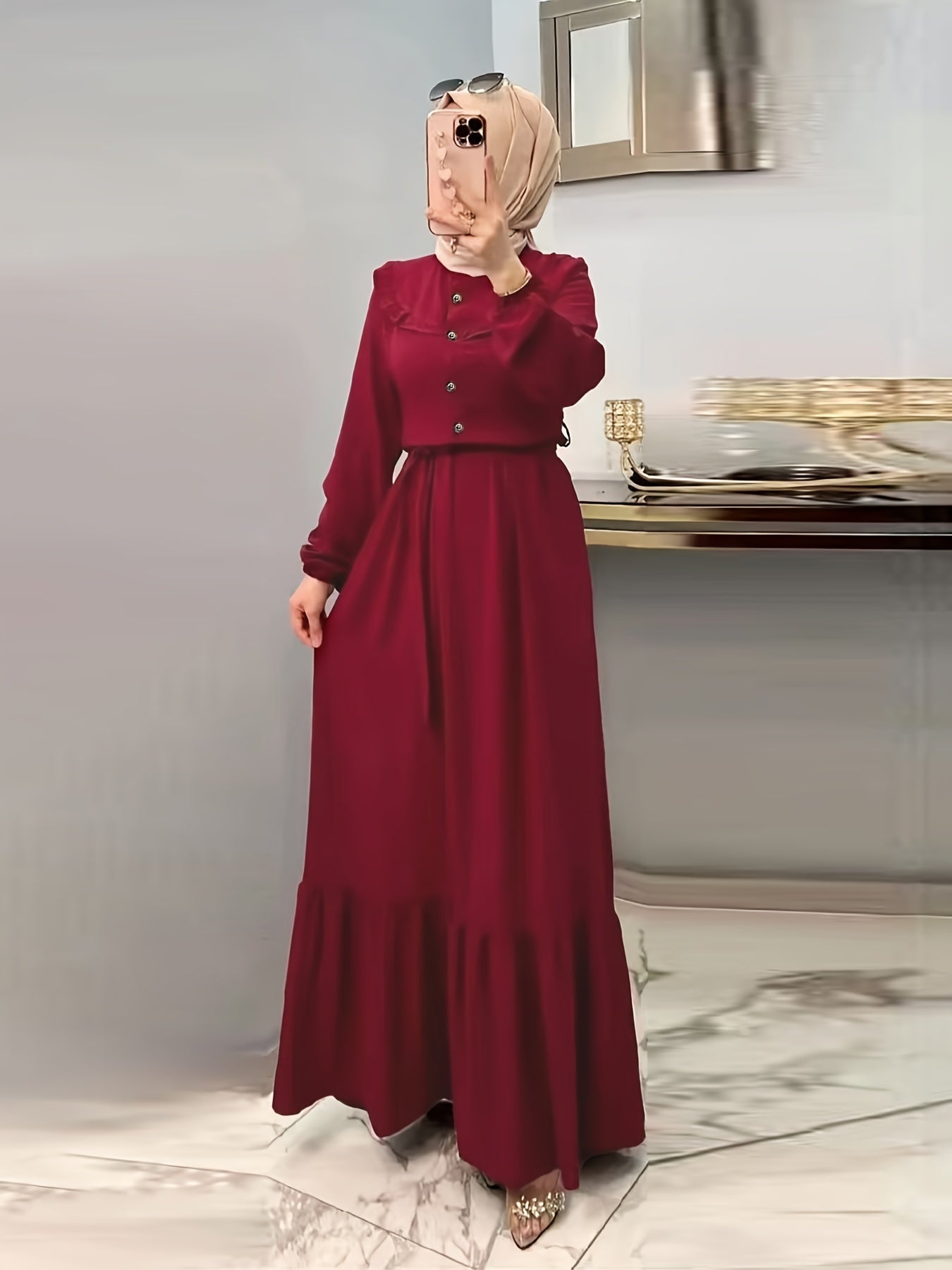 Elegant Burgundy Maxi Dress for Muslim Women with button detail, long sleeves, and machine washable. Made with Polyester & Spandex blend. Hijab not included.