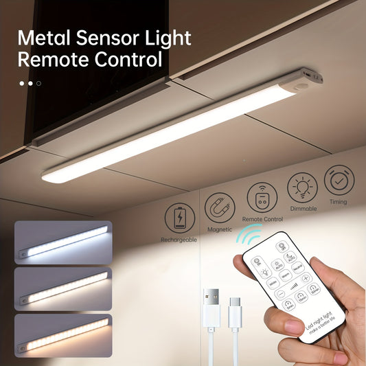 LED motion sensor light for under cabinets, closets, and other indoor spaces, with remote control, 3 color options, dimmable settings, timer, magnetic attachment, and USB rechargeable or battery powered options.