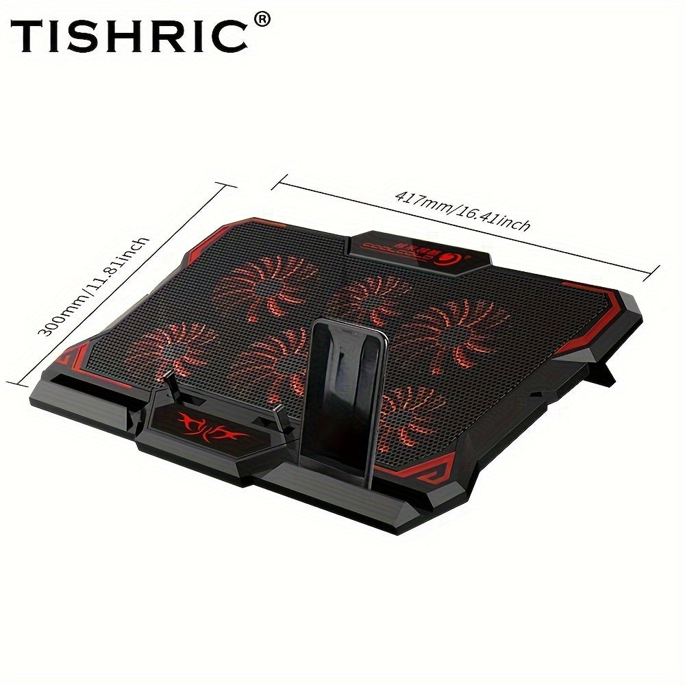 TISHRIC 6-Quiet Fan Laptop Cooling Pad with USB Power, Adjustable Height & Angle, Ergonomic Design for Gaming & Office Use, Black with Red Accents, Adjustable Laptop Stand