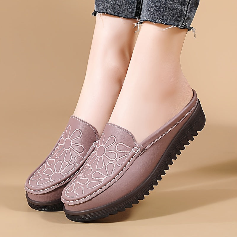 Lightweight slip-on mules for women, with flat heel and plain toe. Made from man-made materials, hand washable. Perfect for all-season comfort. European Special Edition.