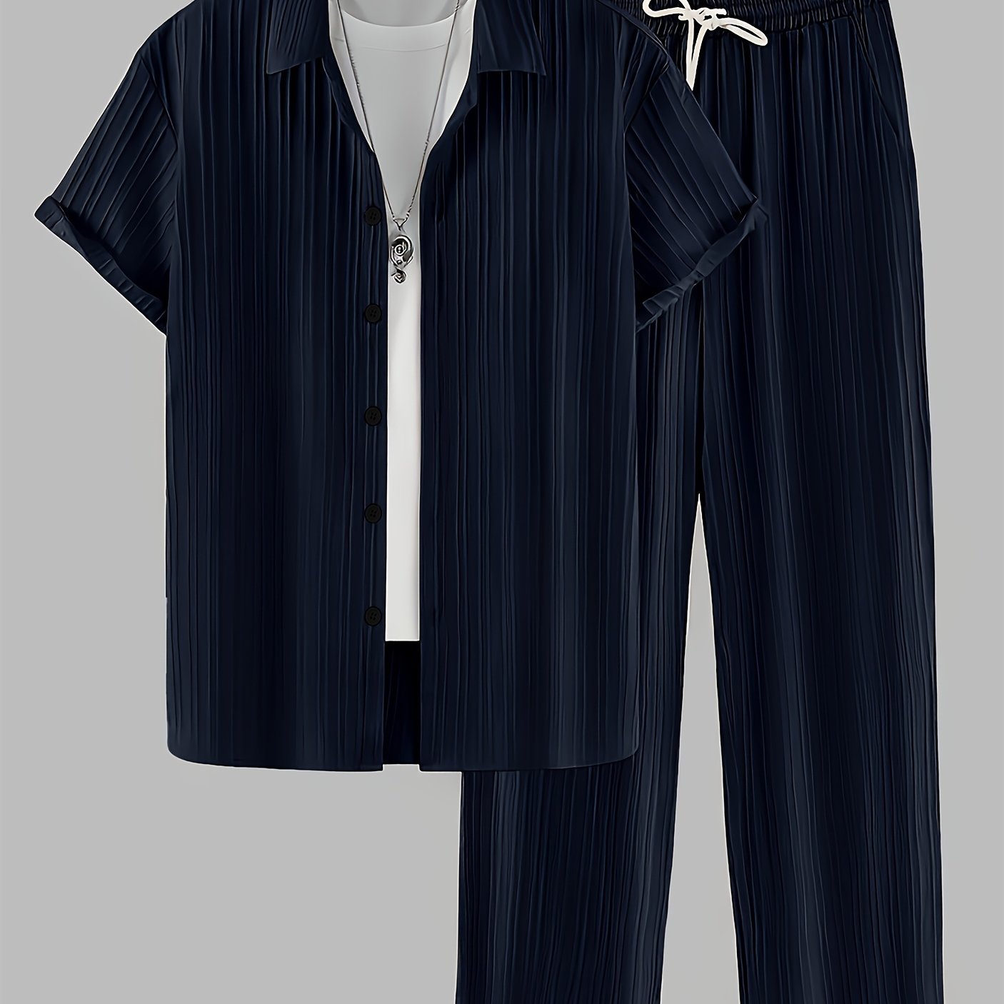 Stylish men's two-piece set with striped button shirt and drawstring pants - ideal for casual outdoor wear