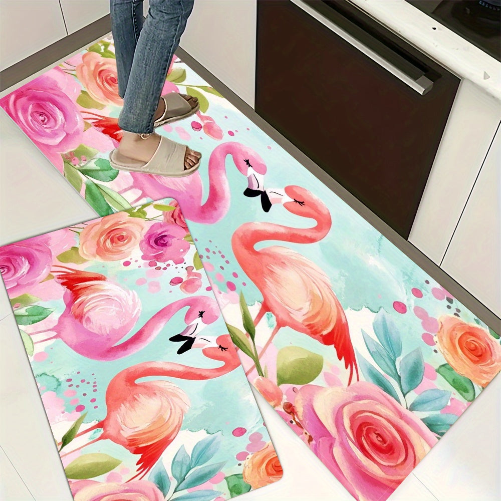 1 Piece Vibrant Flamingo & Floral Design Anti-Slip Floor Mat - Made of 100% Polyester, Machine Washable & Highly Absorbent - Perfect for Use in Kitchens, Laundry Rooms, and Living Areas - Washable Area Rug