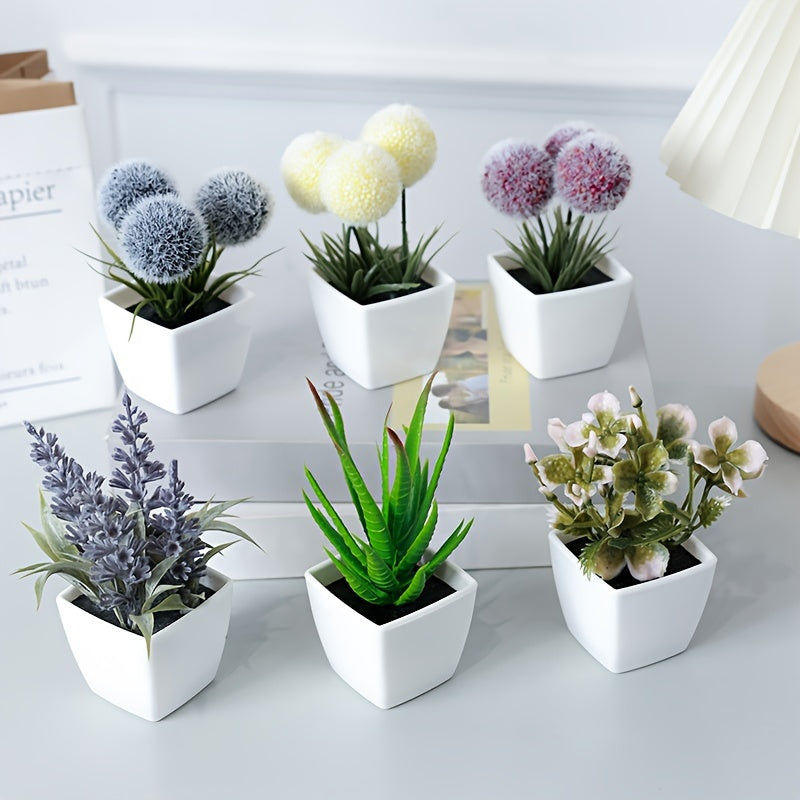 1 set of 6 simulated plants in a Nordic style for indoor decoration. Includes ball, aloe vera, begonia, lavender, artificial succulent bonsai. Perfect for office desktop ornament.