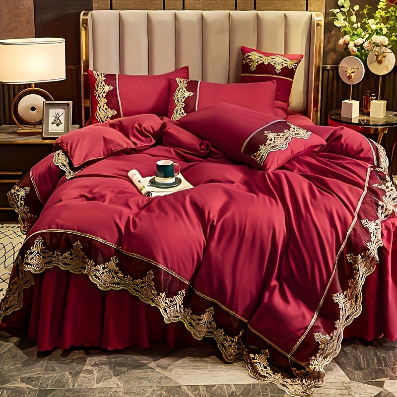 Lace bedding set in various colors with quilt cover and matching pillowcase. Available in two or three piece set.