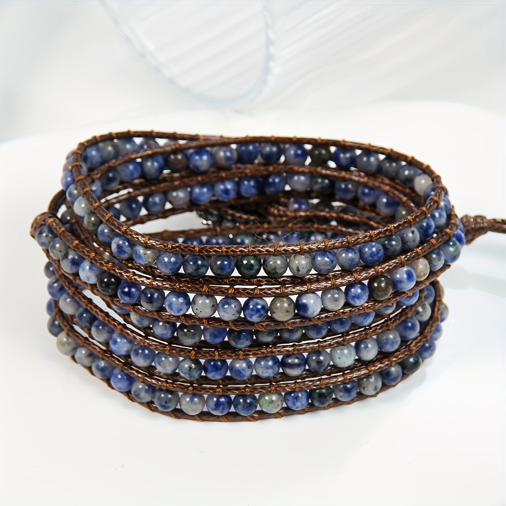 Women's Bracelet with a Bohemian Style, Waxed Cord Braid and Adjustable 5 Rows Wrap