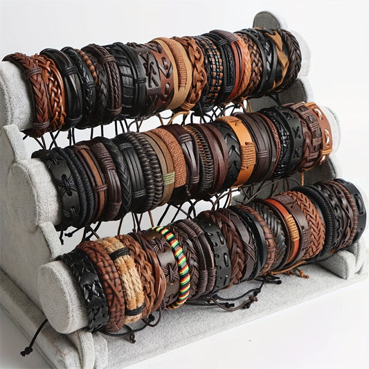 Set of 20 tribal-inspired PU leather bracelets with a vintage vibe. Features a mix of punk hip-hop style braided wristbands with no plating. Versatile for both party and everyday wear, these accessories are perfect for Mardi Gras day and suitable for all