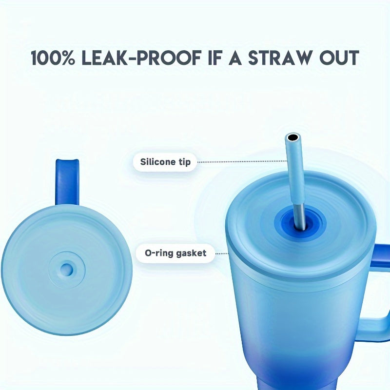 1 leakproof stainless steel travel mug with handle, straw, and insulated lid, suitable for outdoor activities and travel.